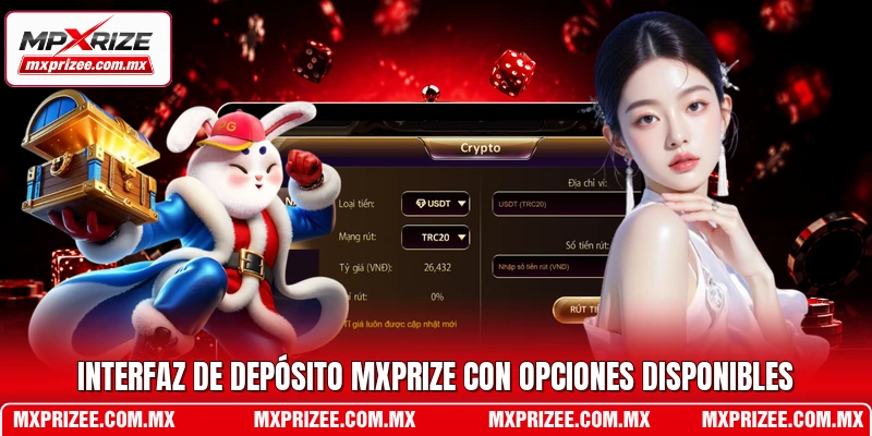 Interfaz de depósito MXPrize con opciones disponibles