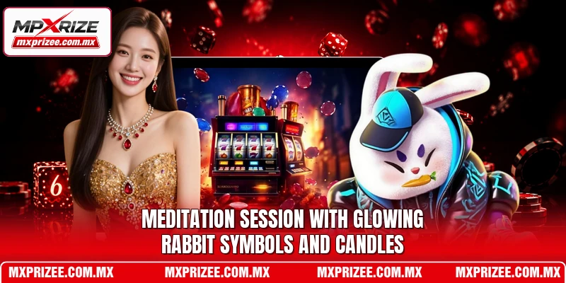 Meditation session with glowing rabbit symbols and candles
