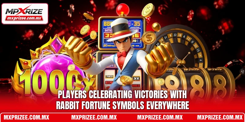 Players celebrating victories with rabbit fortune symbols everywhere